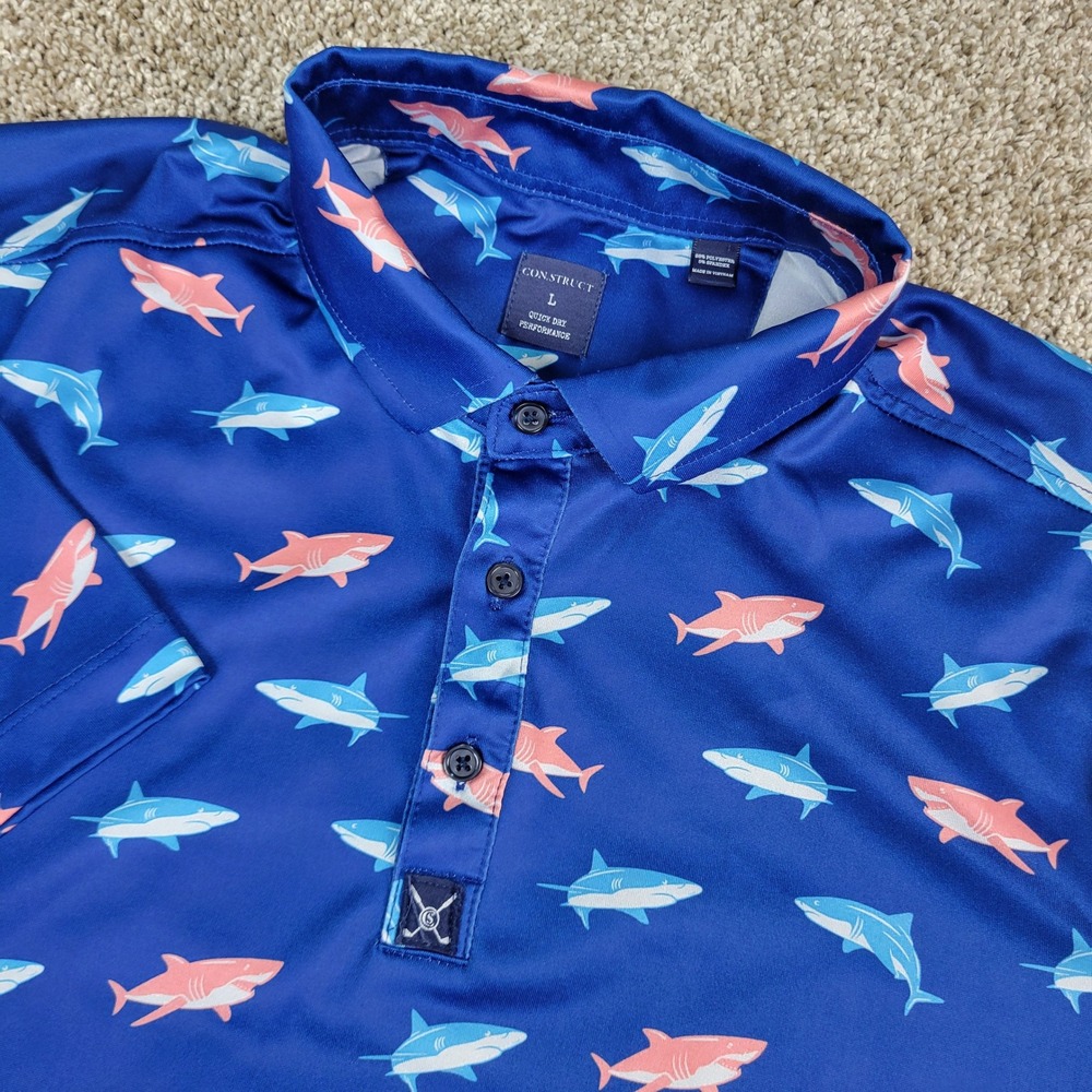 CON.STRUCT Polo Shirt Mens Large Blue Shark Pattern Quick Dry Performance‎